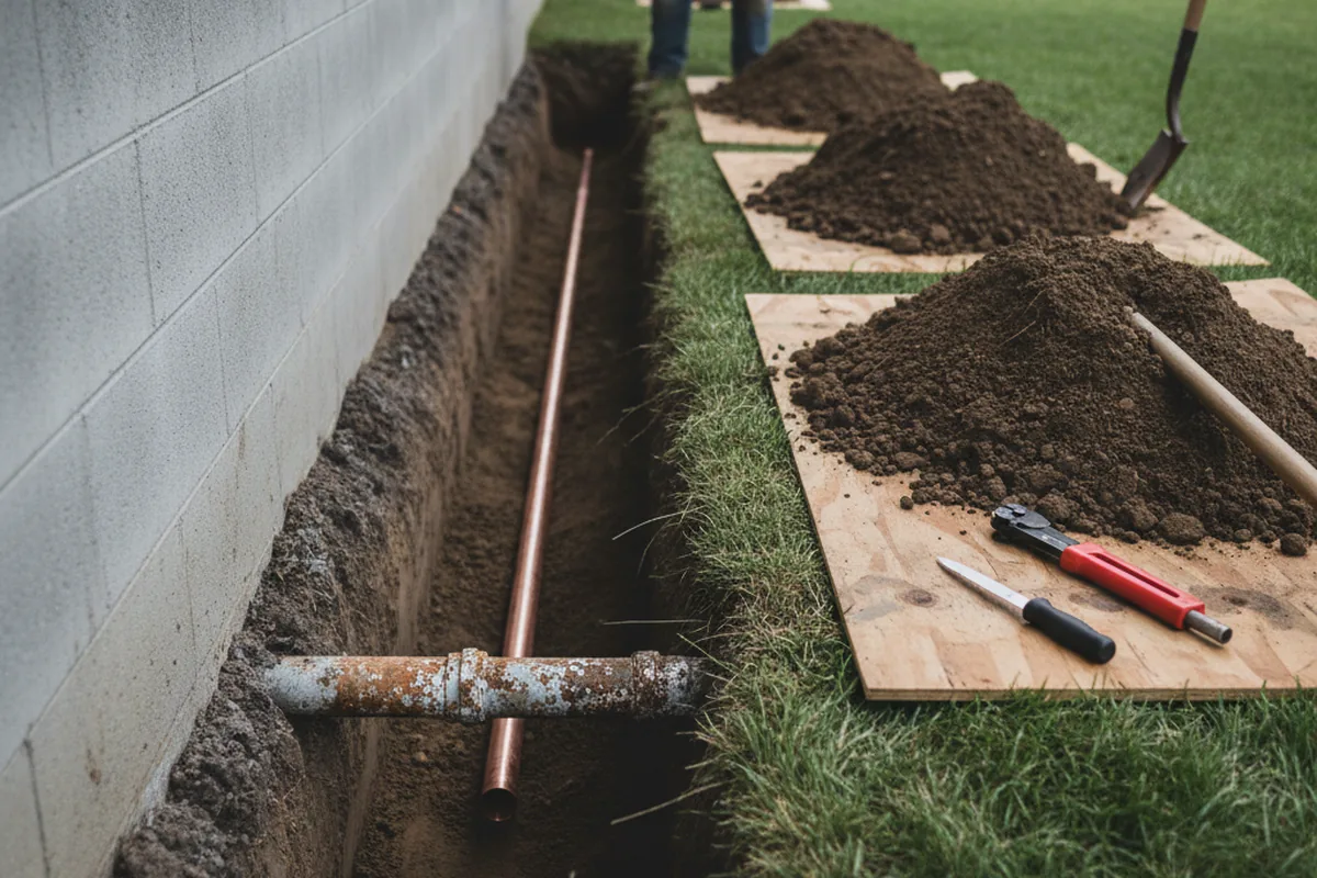 Excavated water line trench during Water Softener Installation in Porterdale